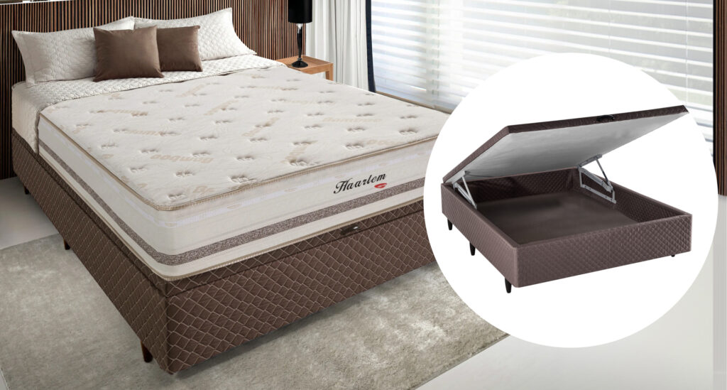 Cama baú Haarlem em quarto bem iluminado, com destaque circular para a base baú aberta para cima, sem colchão.