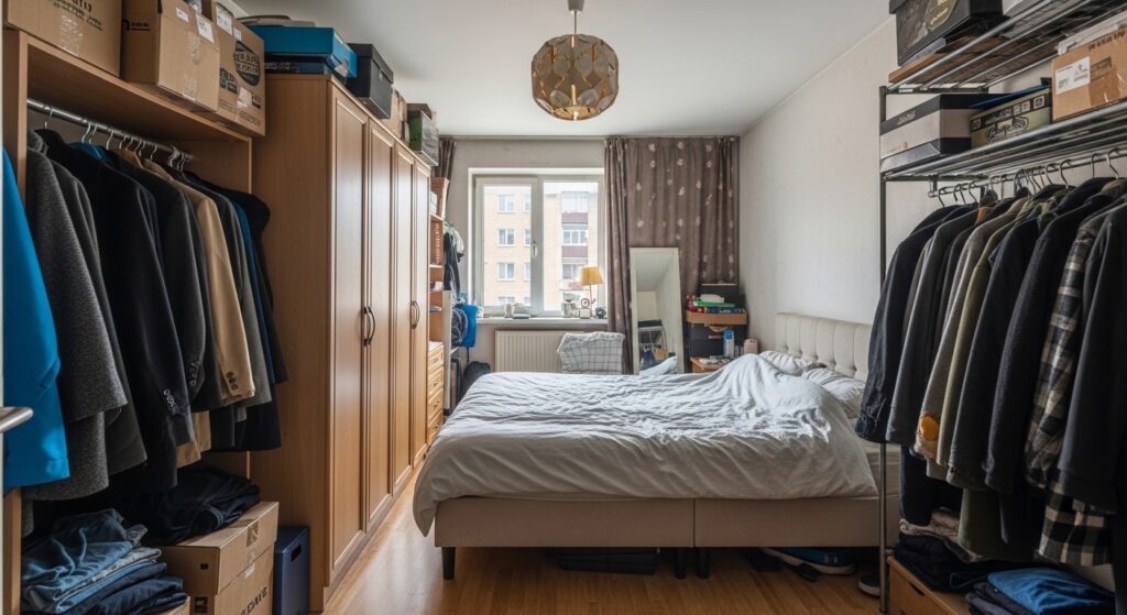 Quarto pequeno com ambiente muito bagunçado. Caixas espalhadas por todo quarto, cama bagunçada e cabideiros sem espaço.