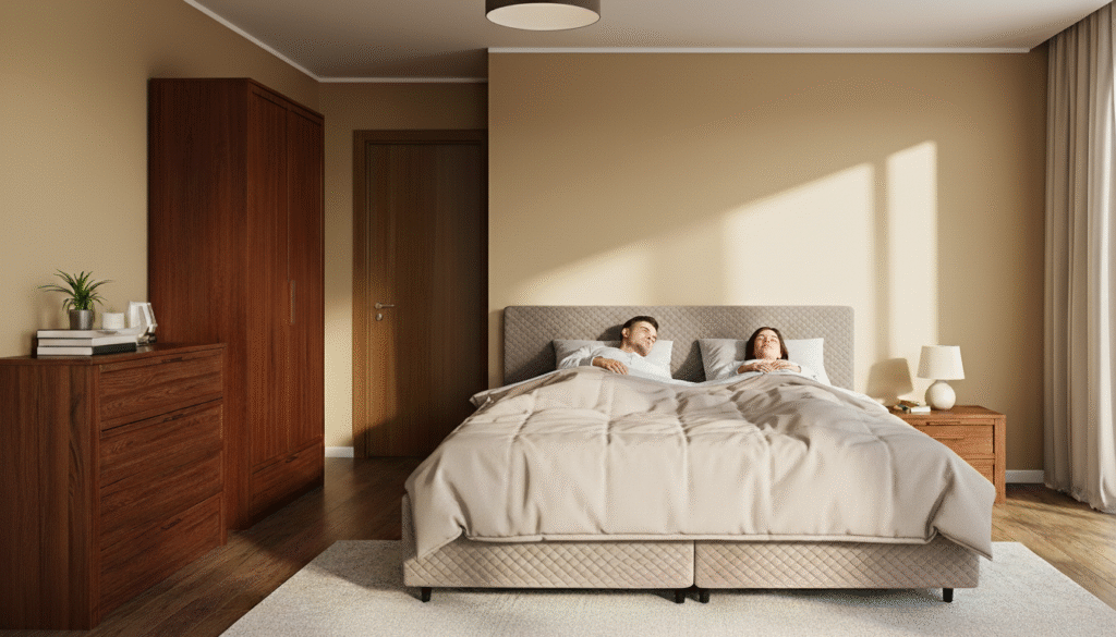 Casal dorme em cama box baú vivere queen. Ambiente iluminado por luz natural.