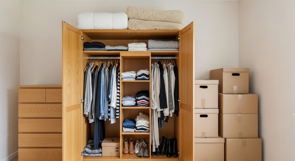 Guarda roupa bagunçado e com cobertas empilhadas em cima em quarto pequeno com muitas caixas