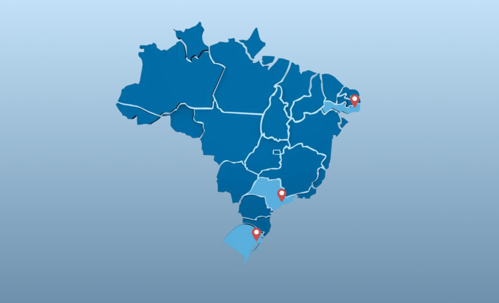 Mapa do Brasil com a distribuição de Centros de Distribuição e Fábricas da Herval pelo Brasil, estando destacados o Rio Grande do Sul, São Paulo e Pernambuco.