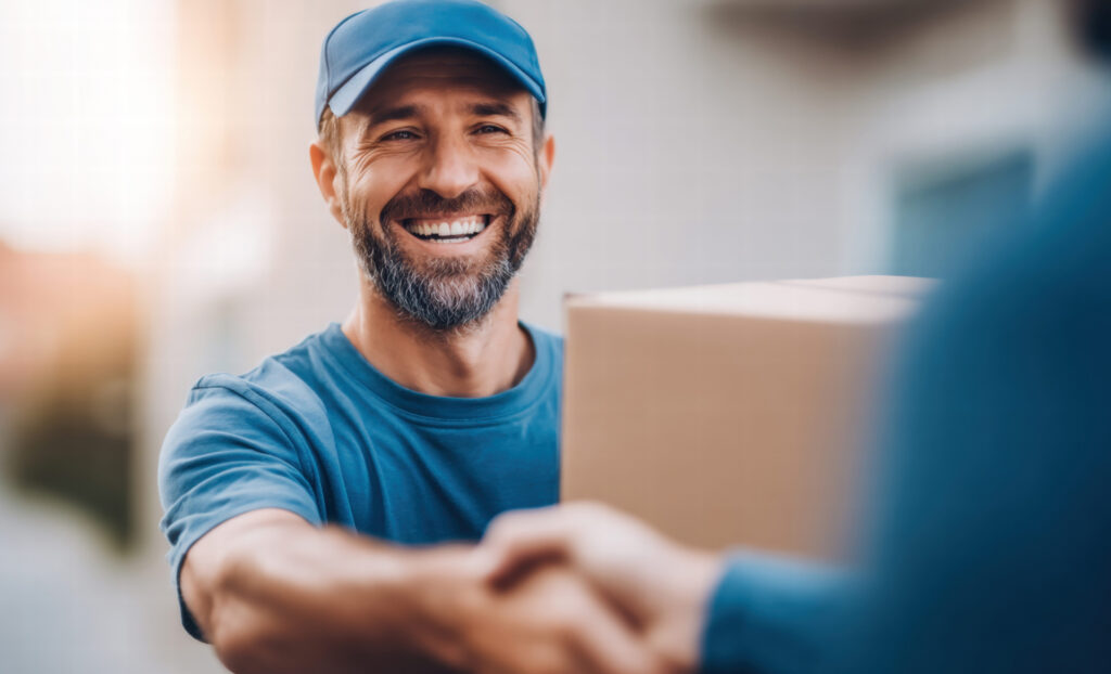 Entrega sendo feita por entregador sorridente.