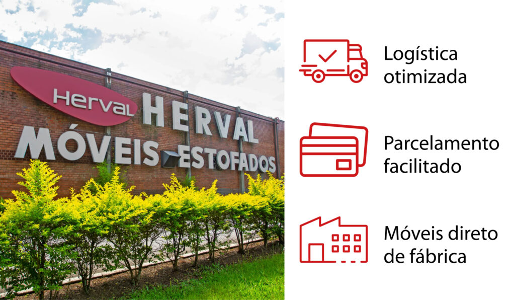 Banner institucional com fachada da fábrica Herval e destaque para vantagens como logística otimizada, parcelamento facilitado e compra direta de fábrica.