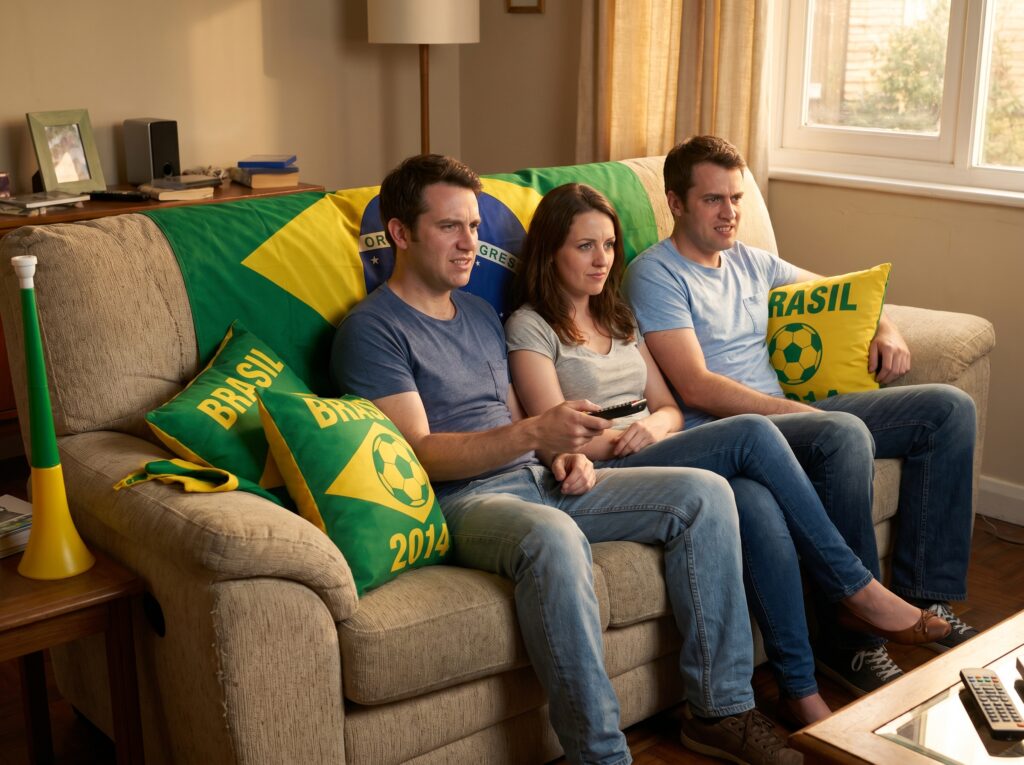 Família assistindo a um jogo da copa do mundo com expressão desconfortável num sofá com pouco espaço.