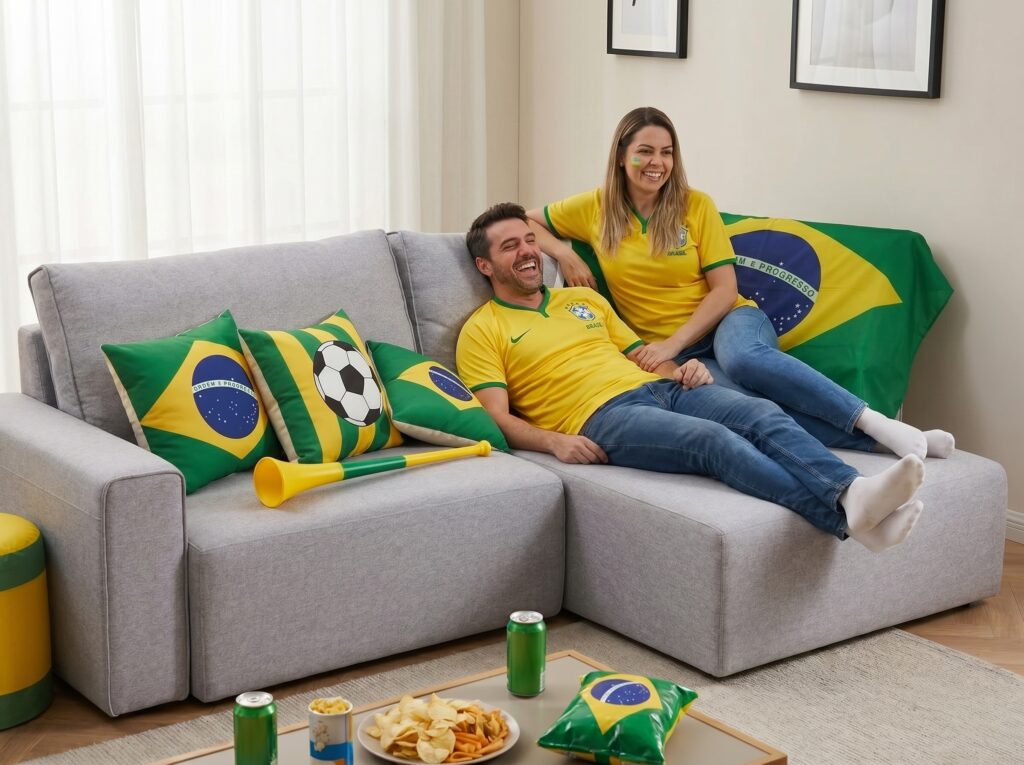 Casal no sofá retrátil Adapt Herval aproveitando os jogos da Copa do Mundo com muito conforto